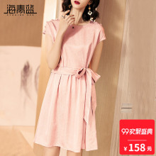 海青蓝2018夏装新款圆领短袖气质收腰时尚系带显瘦连衣裙女01970图片
