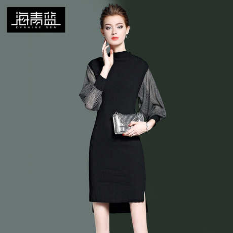 海青蓝2017秋冬女装新款欧美时尚气质修身时尚长袖针织连衣裙4000商品大图