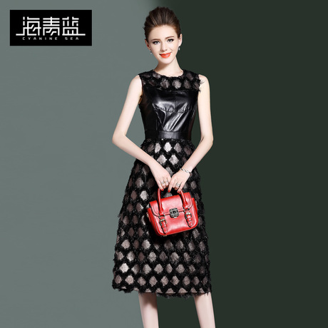 海青蓝2017秋季女装新款欧美时尚修身显瘦收腰圆领无袖连衣裙2949商品大图