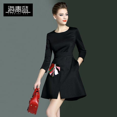 海青蓝2018春季女装新款时尚修身收腰气质黑色圆领A字连衣裙5010商品大图