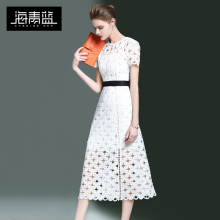 海青蓝2018春装新款女装时尚名媛中长款镂空气质收腰连衣裙00565图片