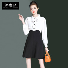 海青蓝2018春装新款女装长袖半高领时尚拼接收腰气质连衣裙00002图片