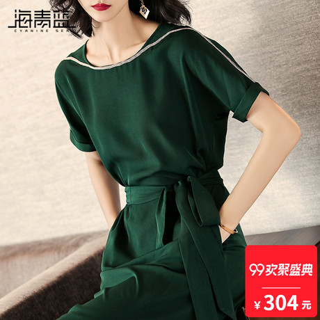 海青蓝2018夏季新款时尚休闲气质系带收腰修身开叉连衣裙女02008商品大图