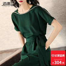 海青蓝2018夏季新款时尚休闲气质系带收腰修身开叉连衣裙女02008图片