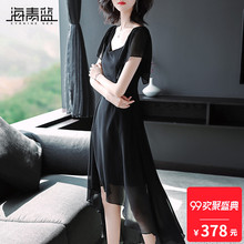 海青蓝2018夏季新款时尚高腰修身显瘦气质简约连衣裙女装潮02441图片