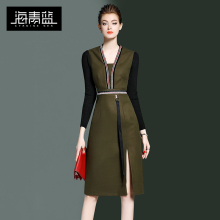 海青蓝2017秋季女装新款欧美时尚气质显瘦针织收腰拼接连衣裙3671图片