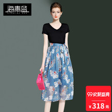 海青蓝2018夏季新款时尚拼接个性印花气质修身碎花连衣裙女01230图片