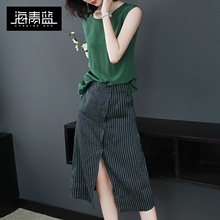 海青蓝2018夏装新款气质无袖个性拼接条纹修身开叉连衣裙女01679图片