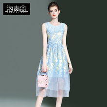 海青蓝2018春装新款女装时尚圆领无袖名媛收腰网纱绣花连衣裙5613图片