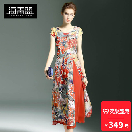 海青蓝2018夏季新款时尚短袖气质百搭休闲复古大摆连衣裙女00940商品大图