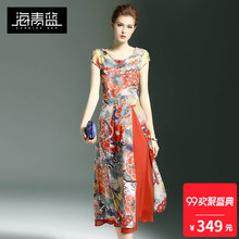 海青蓝2018夏季新款时尚短袖气质百搭休闲复古大摆连衣裙女00940图片