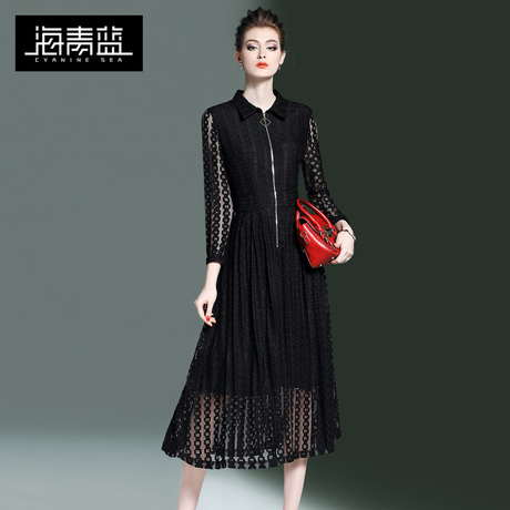 海青蓝2018春装新款欧美时尚纯色蕾丝显瘦收腰中长连衣裙女00043商品大图