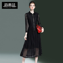 海青蓝2018春装新款欧美时尚纯色蕾丝显瘦收腰中长连衣裙女00043图片