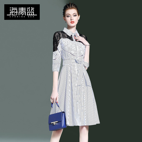 海青蓝2018春装新款气质时尚条纹拼接显瘦收腰蕾丝连衣裙女00274商品大图
