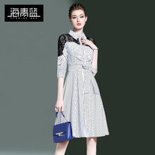 海青蓝2018春装新款气质时尚条纹拼接显瘦收腰蕾丝连衣裙女00274图片