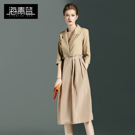 海青蓝2018秋装新款女气质休闲时尚拼接中长款chic风衣外套05020商品大图