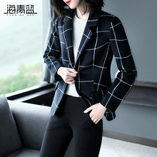 海青蓝2018秋装新款女时尚长袖撞色短款格子小西装毛呢外套05317图片