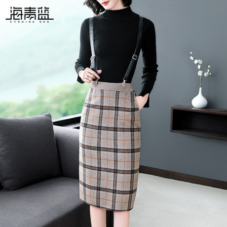 海青蓝2018秋装新款女时尚百搭高腰背带格子包臀毛呢半身裙05889商品大图