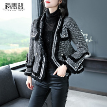 海青蓝2018秋装新款女时尚气质黑色粗花呢拼接流苏短款外套05322图片
