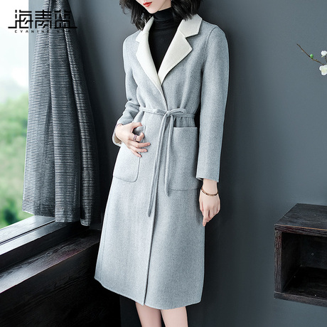 海青蓝秋装女2018新款时尚长袖修身系带中长款毛呢大衣外套05835商品大图