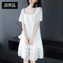 海青蓝2018夏装新款气质圆领短袖个性蕾丝绣花宽松连衣裙女01577图片