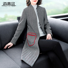 海青蓝2018秋装新款女时尚灰色长袖中长款修身条纹毛呢外套05641图片