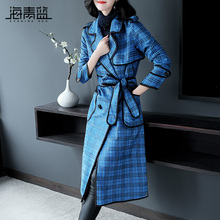 海青蓝2018秋装新款女装蓝色长袖绑带麂皮绒中长款格子风衣05326图片
