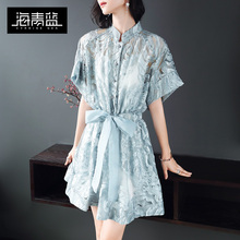 海青蓝2018夏季新款时尚短袖印花蕾丝拼接收腰显瘦连衣裙女01508图片