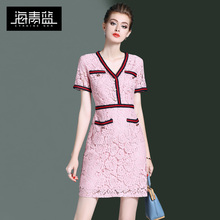 海青蓝2018夏季新款女欧美时尚短袖拼接修身短款蕾丝连衣裙02873图片