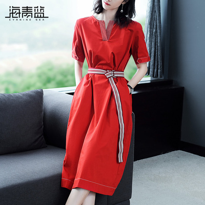 海青蓝2018夏季新款女气质名媛短袖绑带收腰修身红色连衣裙03300