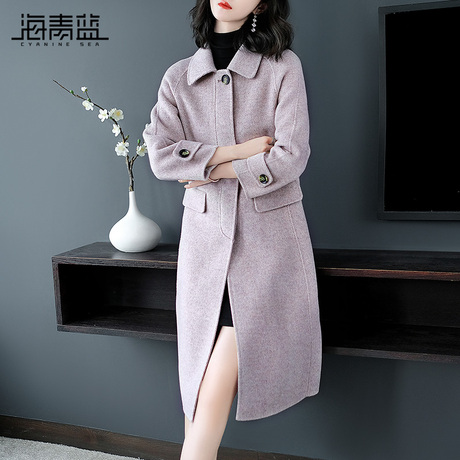 海青蓝秋装2018新款女装时尚纯色长袖修身显瘦毛呢大衣外套05834商品大图