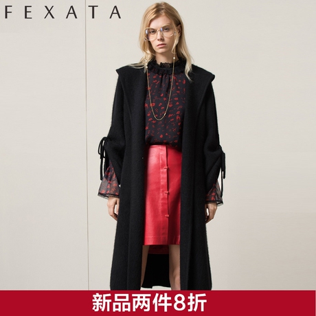 FEXATA春装新款宽松大码毛呢外套韩版女装时尚简约狐狸绒大衣商品大图