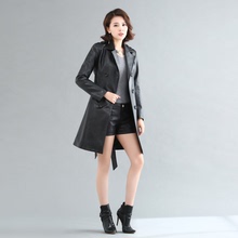 瑞尔芬妮大码皮衣外套女2018秋冬新款显瘦收腰中长款风衣外套女装图片