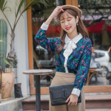 桔熊秋装复古印花蝴蝶结系带领长袖衬衫女大码AB7815图片