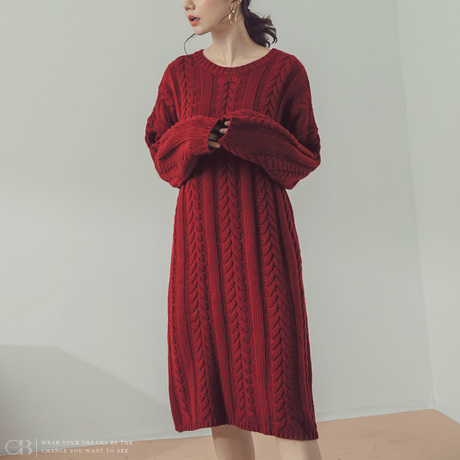 桔熊秋冬装麻花毛衣裙宽松中长款粗线针织衫女大码FA1771商品大图