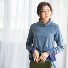 桔熊桔选高领坑条拼接雪纺喇叭袖打底衫上衣女装秋冬大码AB6184图片