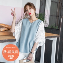 桔熊秋装韩版甜美蕾丝飞飞袖拼接V领上衣女大码AB7596图片