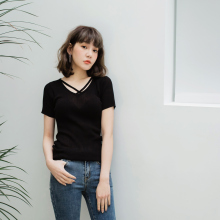 桔熊桔选春夏装领口交叉短袖薄款合身细针织衫上衣女大码FA1686图片