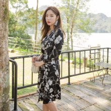 桔熊优惠春装韩版花朵印花收腰系带长袖V领连衣裙女大码DA5406图片