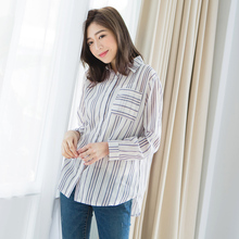 桔熊优惠春秋装新款简约宽松清爽竖条纹长袖开襟衬衫女大码AB5820图片