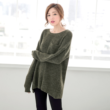 桔熊慵懒宽松圆领落肩口袋针织衫套头毛衣女装秋冬大码FA1479商品大图