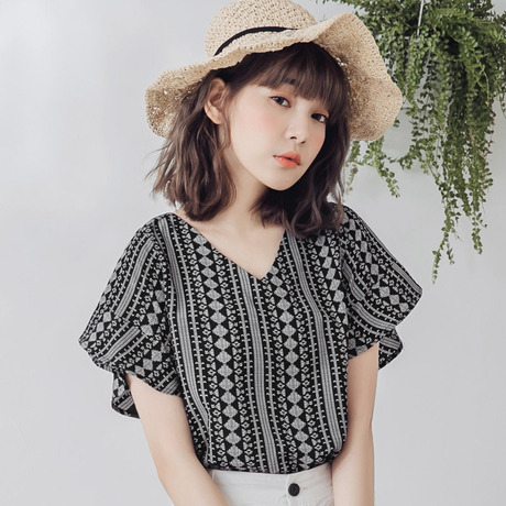桔熊夏装图腾V领美背垂感荷叶袖雪纺小衫上衣女大码AB7256商品大图