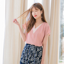 桔熊夏装韩版V领压褶纯色雪纺小衫上衣女大码AB7581图片