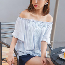 桔熊夏装小清新蕾丝拼接木耳边雪纺衫上衣女大码AB7217图片