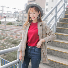 桔熊秋装韩版西服女卷边袖格子西装外套胖妹妹大码EA2388图片
