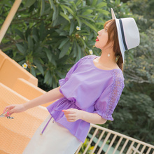 桔熊夏装镂空蕾丝拼接灯笼袖收腰纯色上衣女大码AB7360图片
