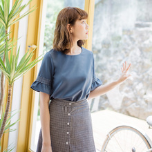 桔熊优惠夏装不易皱钩花拼接喇叭袖雪纺衫上衣女大码AB6704图片