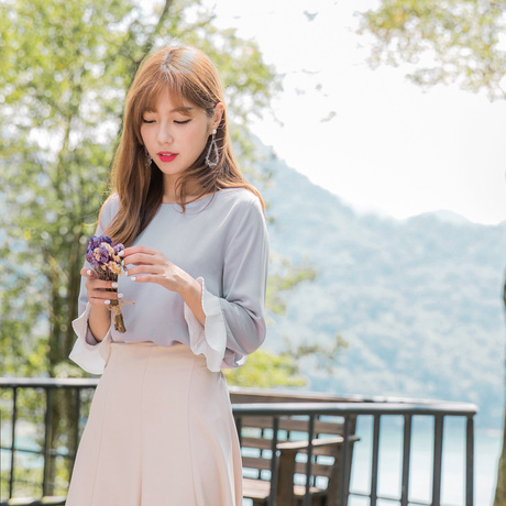 桔熊秋装韩版甜美荷叶边七分袖纯色上衣女大码AB7838商品大图