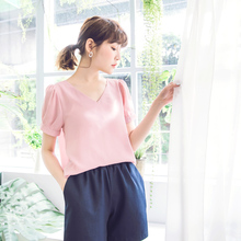 桔熊夏裝甜美純色V領泡泡袖雪紡衫上衣女大碼AB6978图片