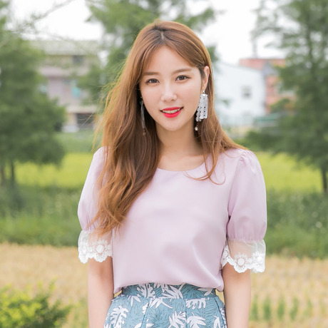 桔熊夏装韩版公主袖拼接透视蕾丝花纯色上衣女大码AB7239商品大图